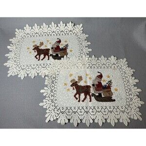 Heritage Lace Doily Crisp Off White Christmas Santa Reindeer Sleigh 18x14 READ
